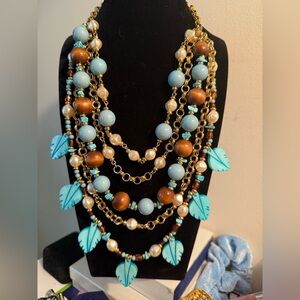 Vintage KJL Multi-Strand Statement Necklace – Turquoise, Pearl & Leaf Motif